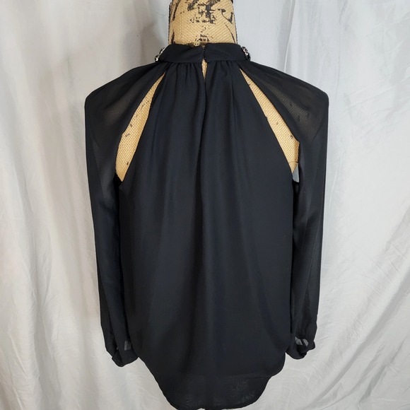 JESSICA SIMPSON Size Small Sheer Black Chiffon Rhinestone Collar Open Sleeve Top - Picture 13 of 16